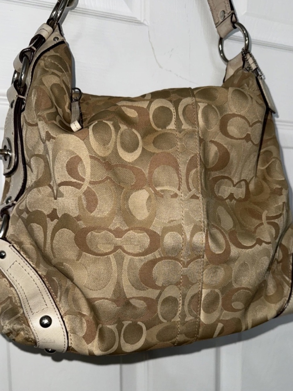 Coach Optic Signature Tan with Cream Trim Shoulder Bag Large